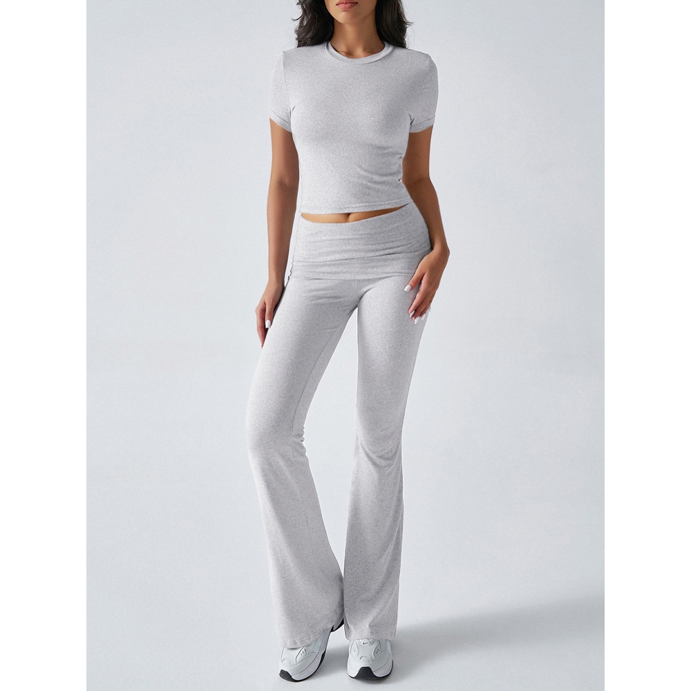 Women's 2025 Summer 2 Piece Outfit Solid Round Neck Short Sleeve Crop Top & Pleated Waist Bell-Bottoms Matching Set Lounge Lightweight Breathable Yoga to Streetwear Sets