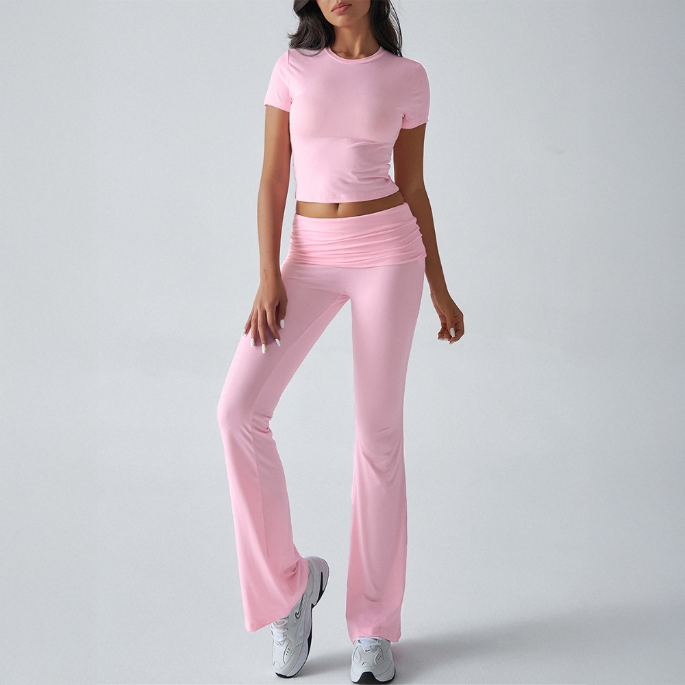 Women's 2025 Summer 2 Piece Outfit Solid Round Neck Short Sleeve Crop Top & Pleated Waist Bell-Bottoms Matching Set Lounge Lightweight Breathable Yoga to Streetwear Sets