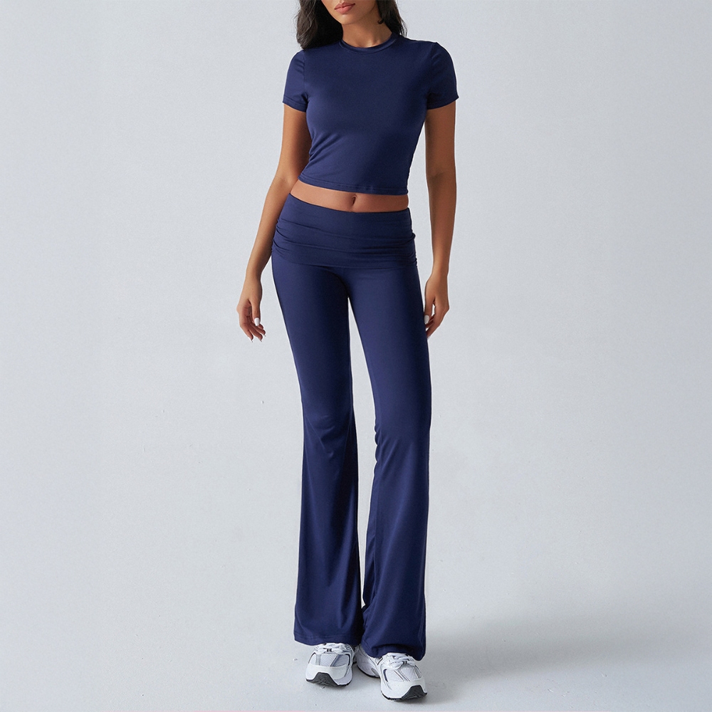 Women's 2025 Summer 2 Piece Outfit Solid Round Neck Short Sleeve Crop Top & Pleated Waist Bell-Bottoms Matching Set Lounge Lightweight Breathable Yoga to Streetwear Sets
