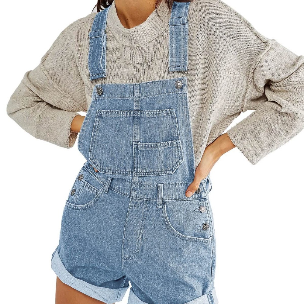 Women's Denim Overalls Shorts Loose Fit Bib Shorts Multi-Pocket Jean Shorts Adjustable Strap Shorts Casual Distressed Shorts