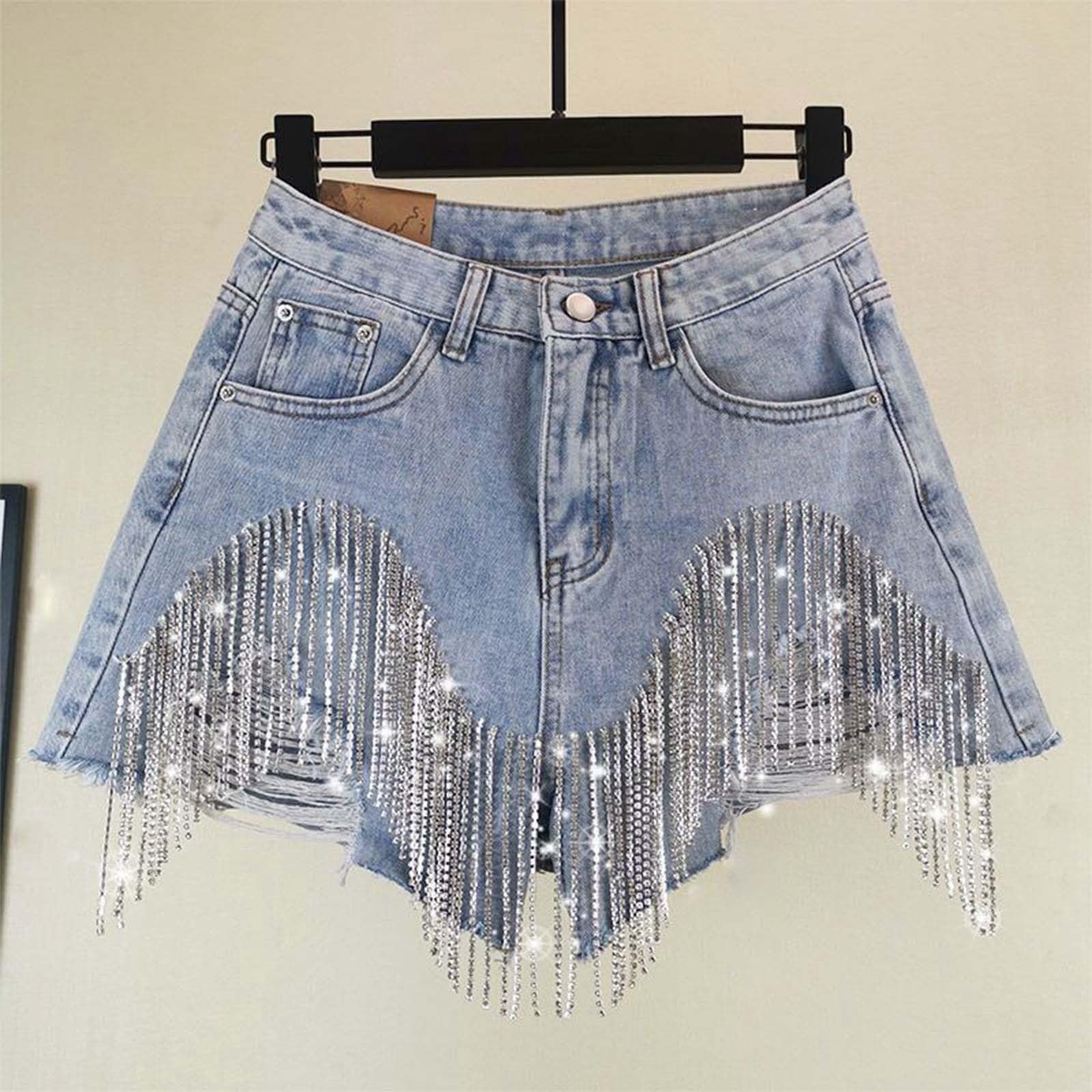 Women’s High-Waisted Ripped Denim Shorts - Rhinestone, Pearl, and Fringe Embellished Raw Hem Shorts