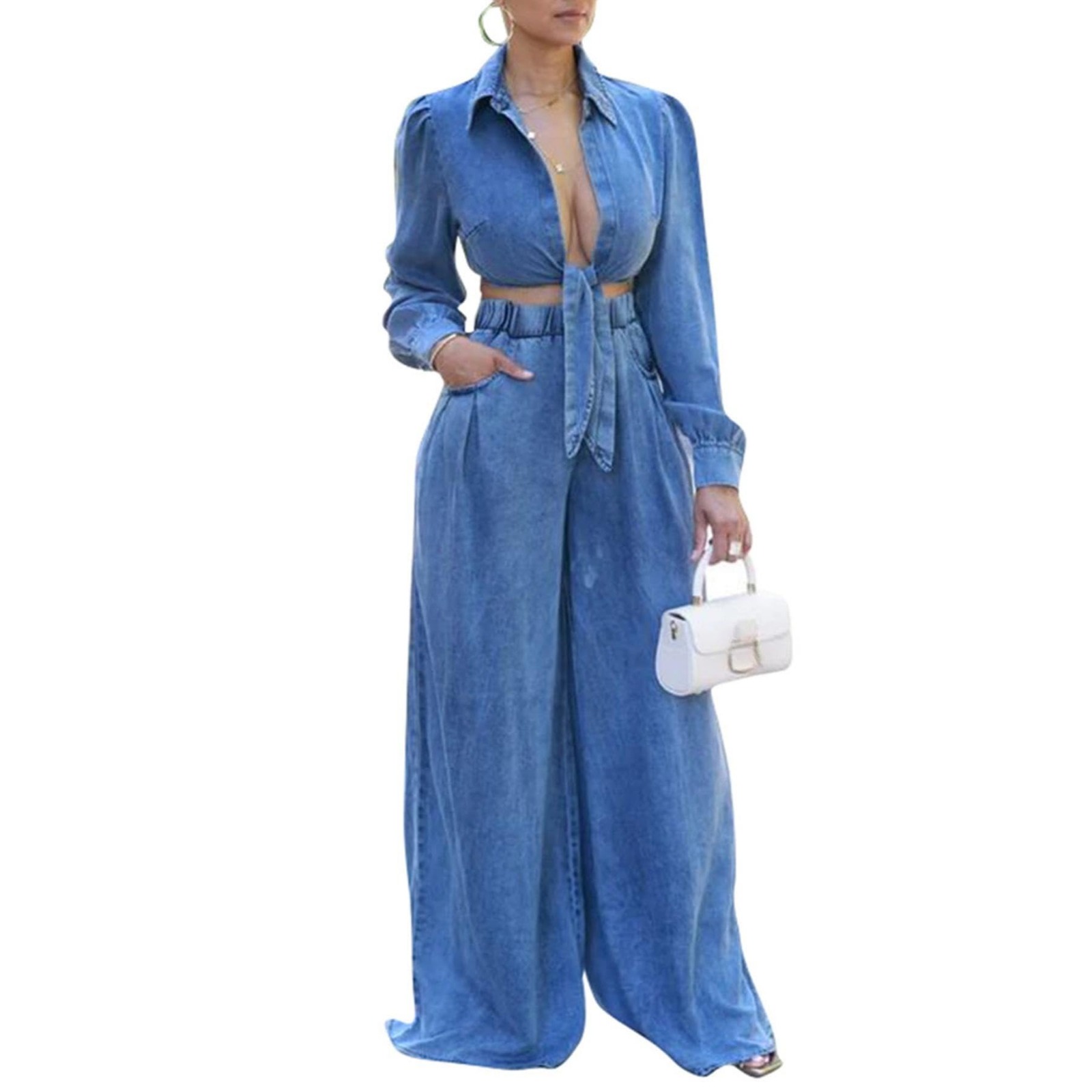 新款女装休闲阔腿裤牛仔套装