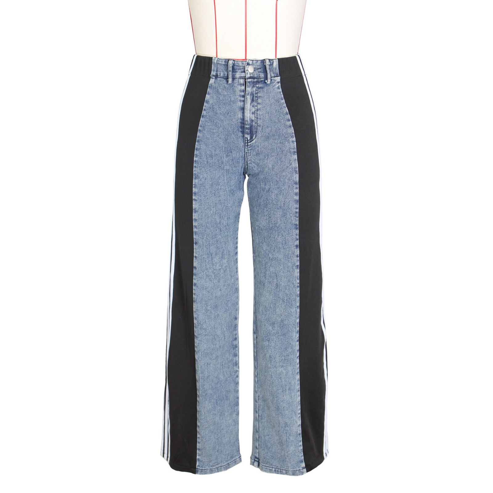 Summer Patchwork Striped Wide-Leg Jeans - High-Waisted Stretch Straight-Leg Denim Pants for Women