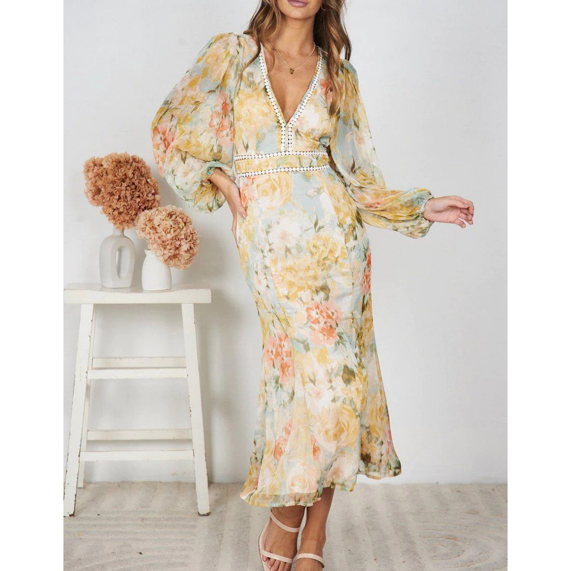 Women's Sexy Long Puff Sleeve Deep V Neck Flowers Printed Bodycon Cocktail Party Casual Dress