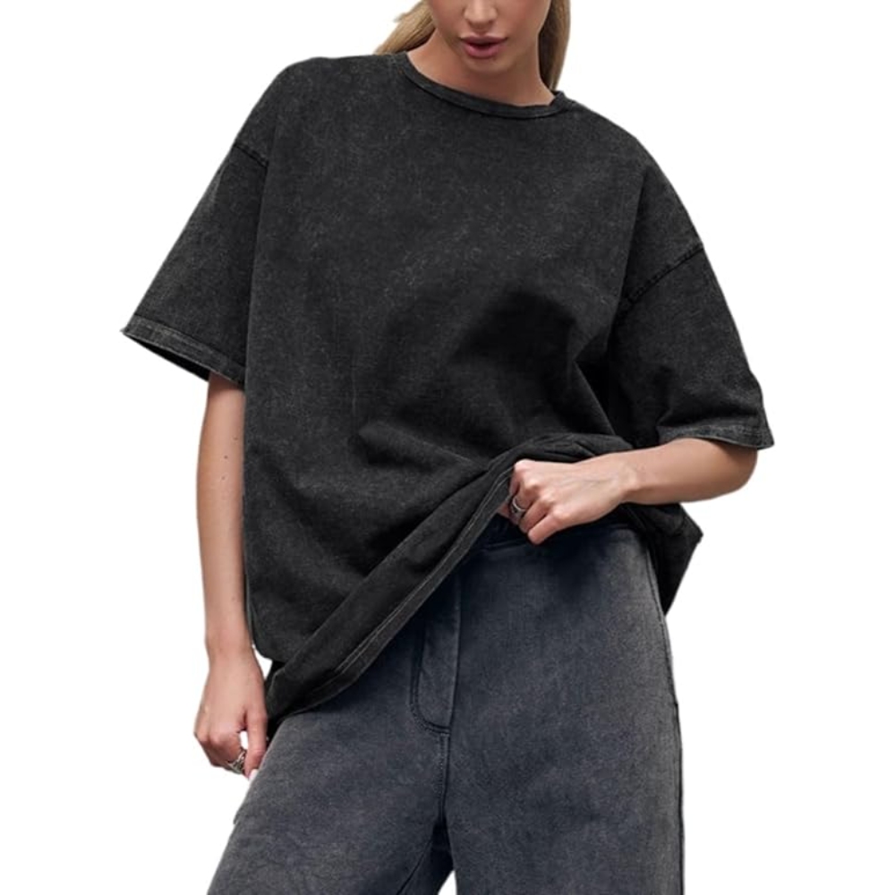 Women's Summer Cotton-Blend T-Shirts Crew Neck Short Sleeve Sweatshirt Unisex Heavyweight T Shirt Y2K Retro Casual Washed Relaxed Fit Top Daily Sports Street Style Essential