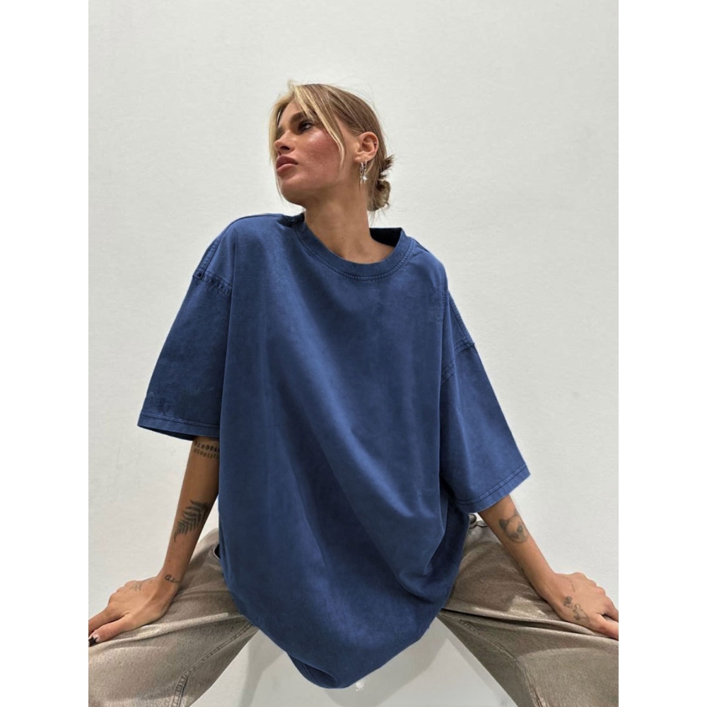 欧美极简风宽松水洗做旧纯棉T恤女夏季彩色宽松260克棉短袖上衣女