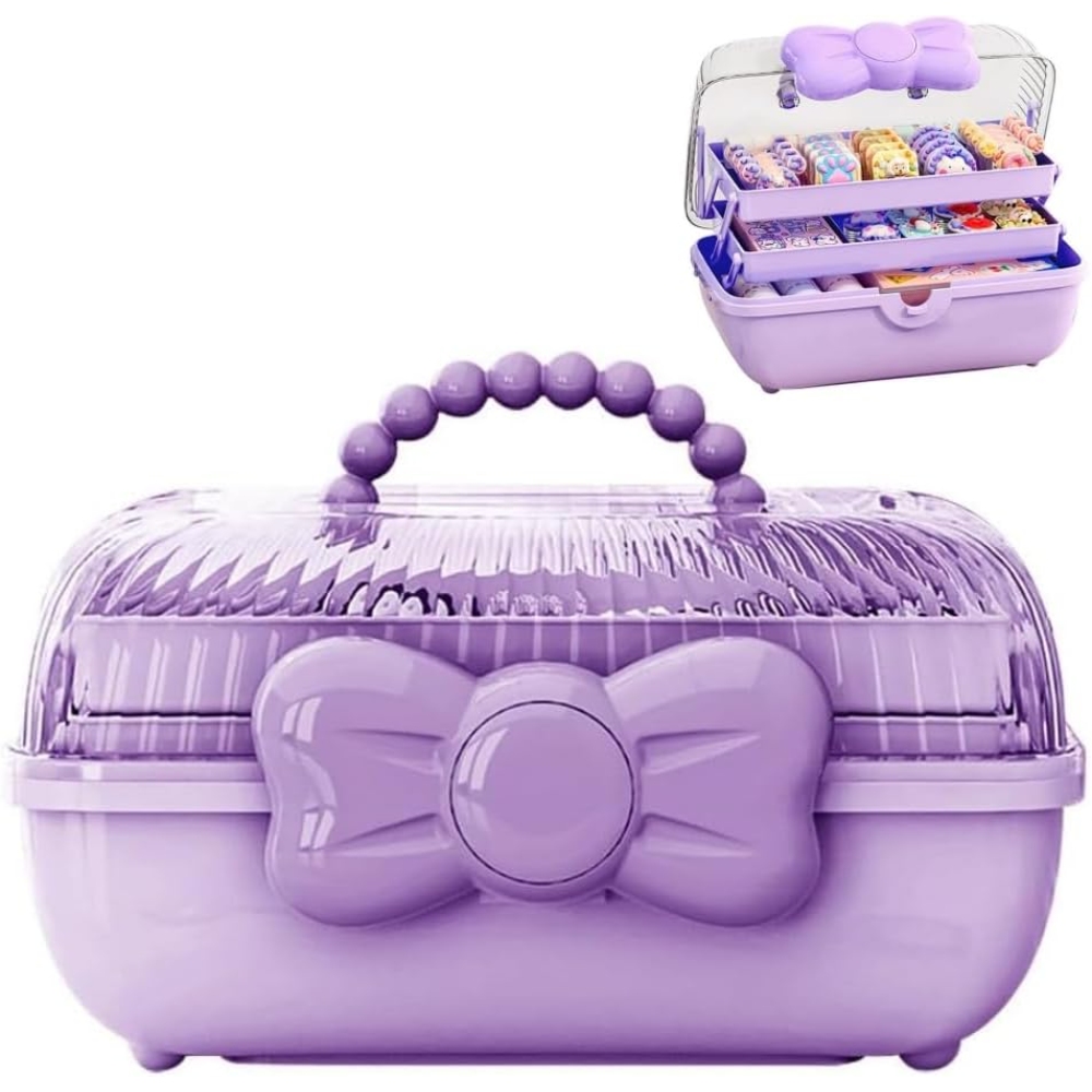 蝴蝶结发饰收纳盒 可爱防尘儿童首饰收纳盒 3 层塑料收纳盒，可收纳发夹、头带、发箍、首饰等