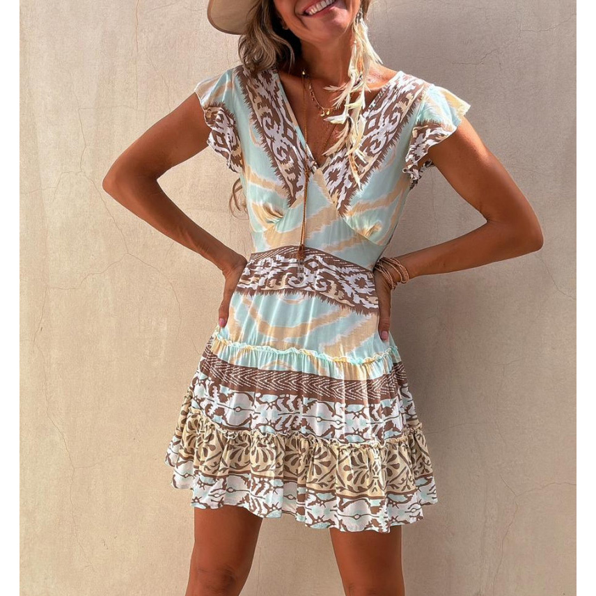 Women's Cap Ruffles Sleeve Deep V Neck Printed Ruched Ruffles Bodycon Sexy Nightclub Party Mini Dress