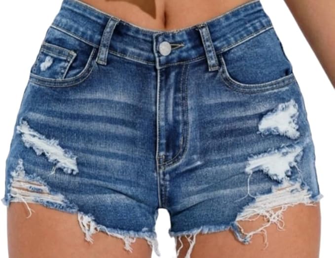 Womens Ripped Trim Denim Shorts Dark Blue and Light Blue Wash