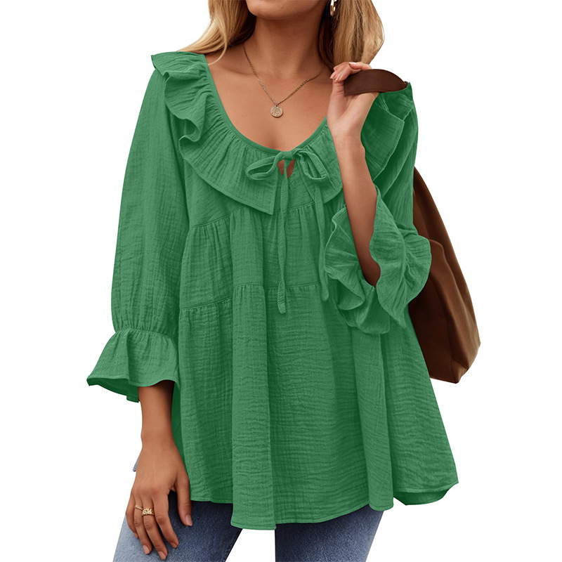Women's Summer Scoop Neck 3/4 Length Sleeve Shirt Tie Front Tiered Ruffle Hem Tunic Casual Loose Fit Flowy A line Cute Blouse Tops Cottagecore Lightweight Workleisure Essential