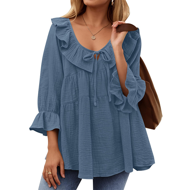 Women's Summer Scoop Neck 3/4 Length Sleeve Shirt Tie Front Tiered Ruffle Hem Tunic Casual Loose Fit Flowy A line Cute Blouse Tops Cottagecore Lightweight Workleisure Essential
