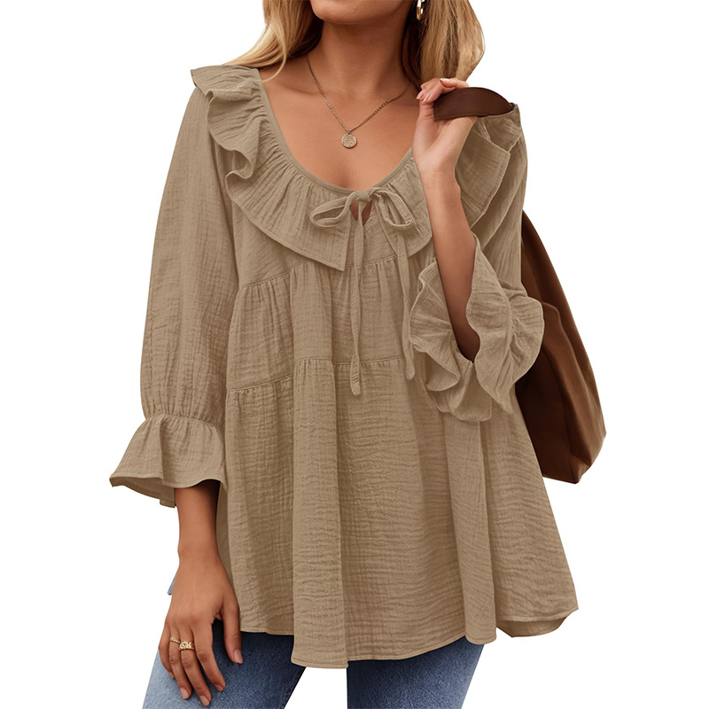 Women's Summer Scoop Neck 3/4 Length Sleeve Shirt Tie Front Tiered Ruffle Hem Tunic Casual Loose Fit Flowy A line Cute Blouse Tops Cottagecore Lightweight Workleisure Essential