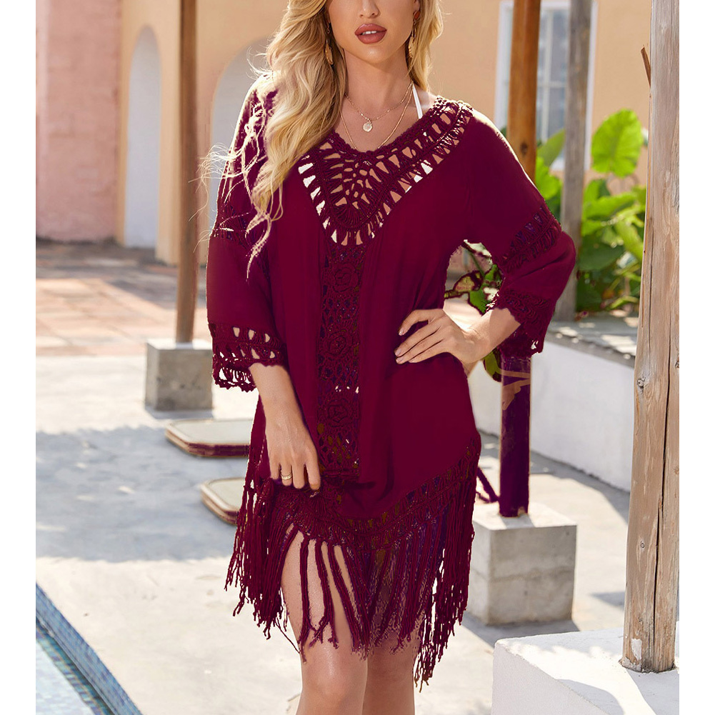 女子沙滩覆盖流苏露背v领比基尼套头泳衣覆盖连衣裙