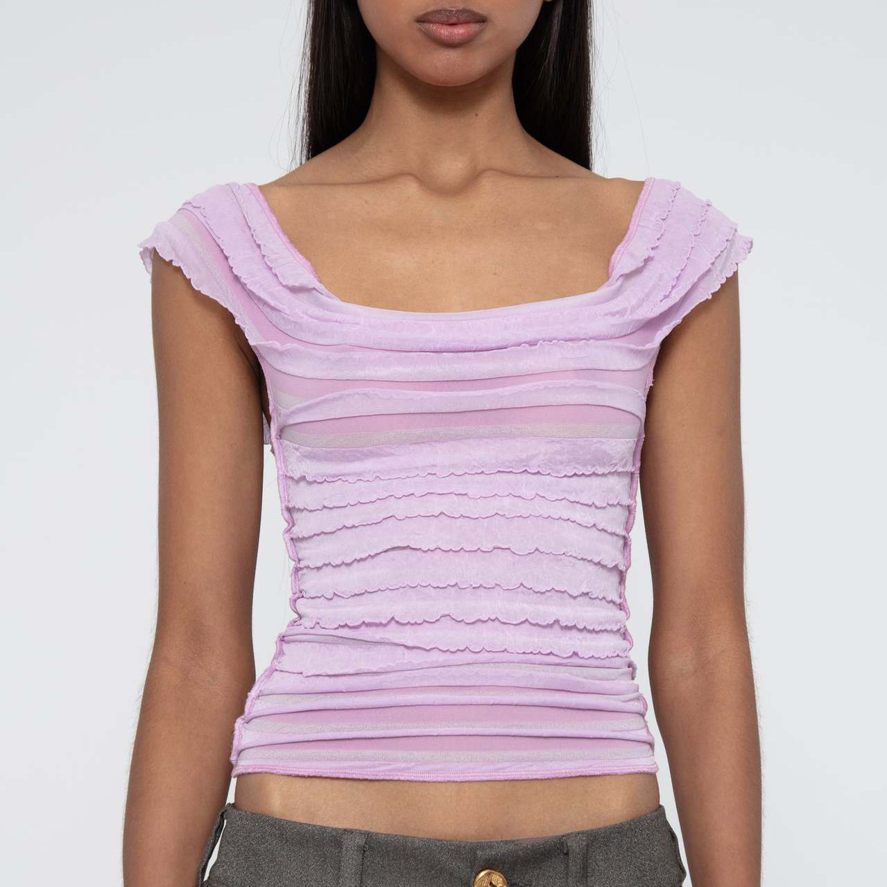 女士外出罩衫衬衫衬衫露脐上衣合身无袖褶皱褶边卡米衬衫Y2k褶裥夏季背心