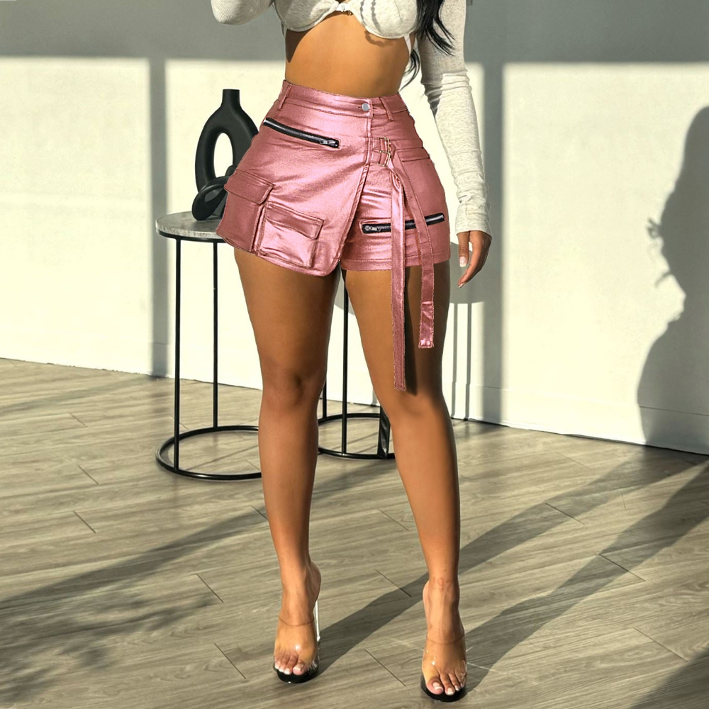 新款欧美女士夏季时尚高弹力不规则多口袋工装A字短裤