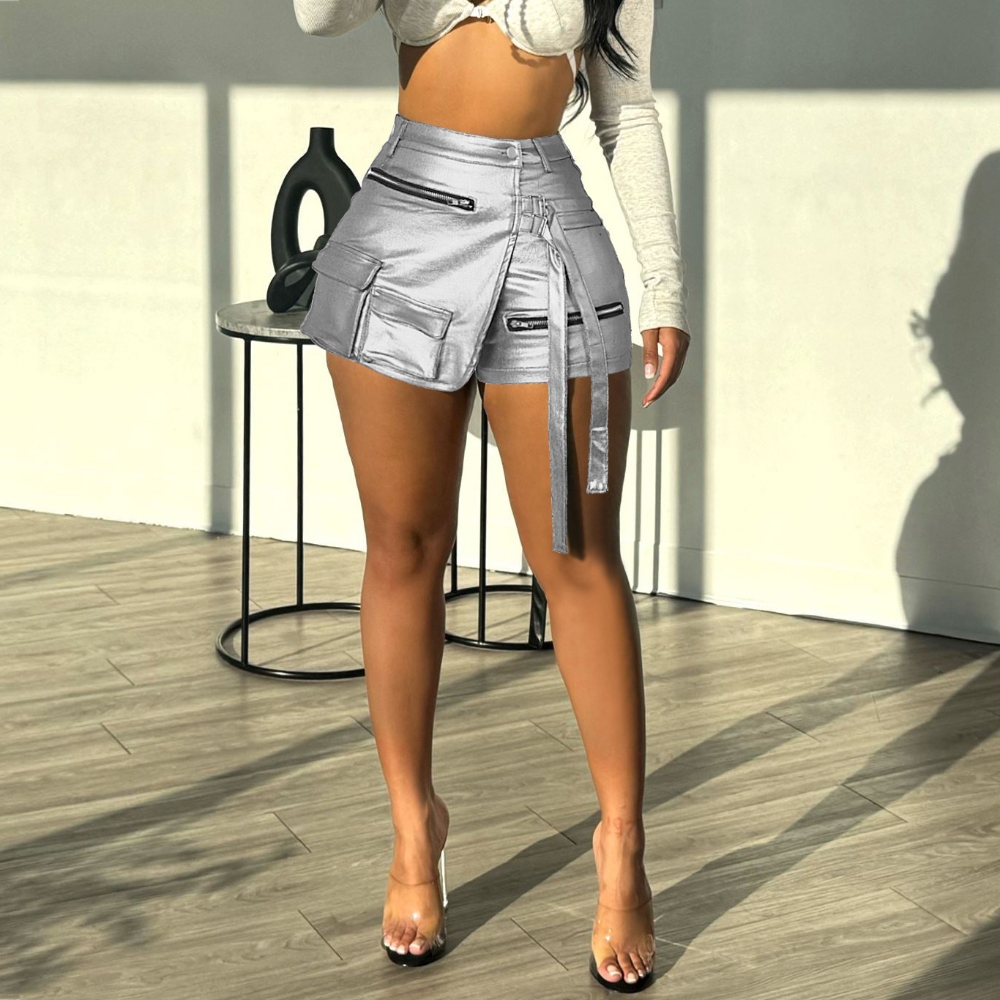 Women's High Waisted Stretch Metallic Faux Leather Cargo Shorts Skirt Summer A Line Irregular Split Skort  Adjustable Waist Sexy Wrap Y2K Streetwear Mini Skirt Shorts with Zipper & Pockets 