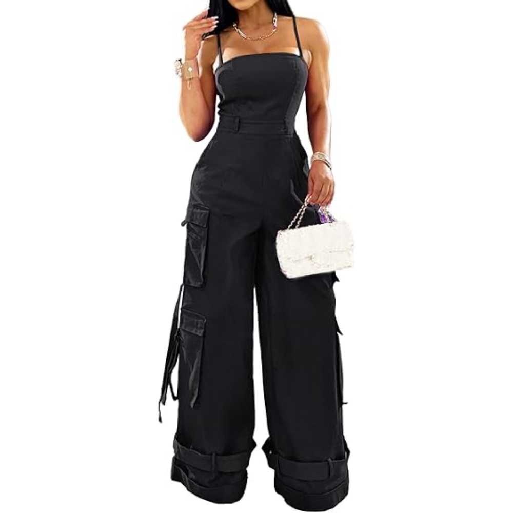 2024欧美新款跨境女装性感抹胸多口袋工装连体裤阔腿连体裤