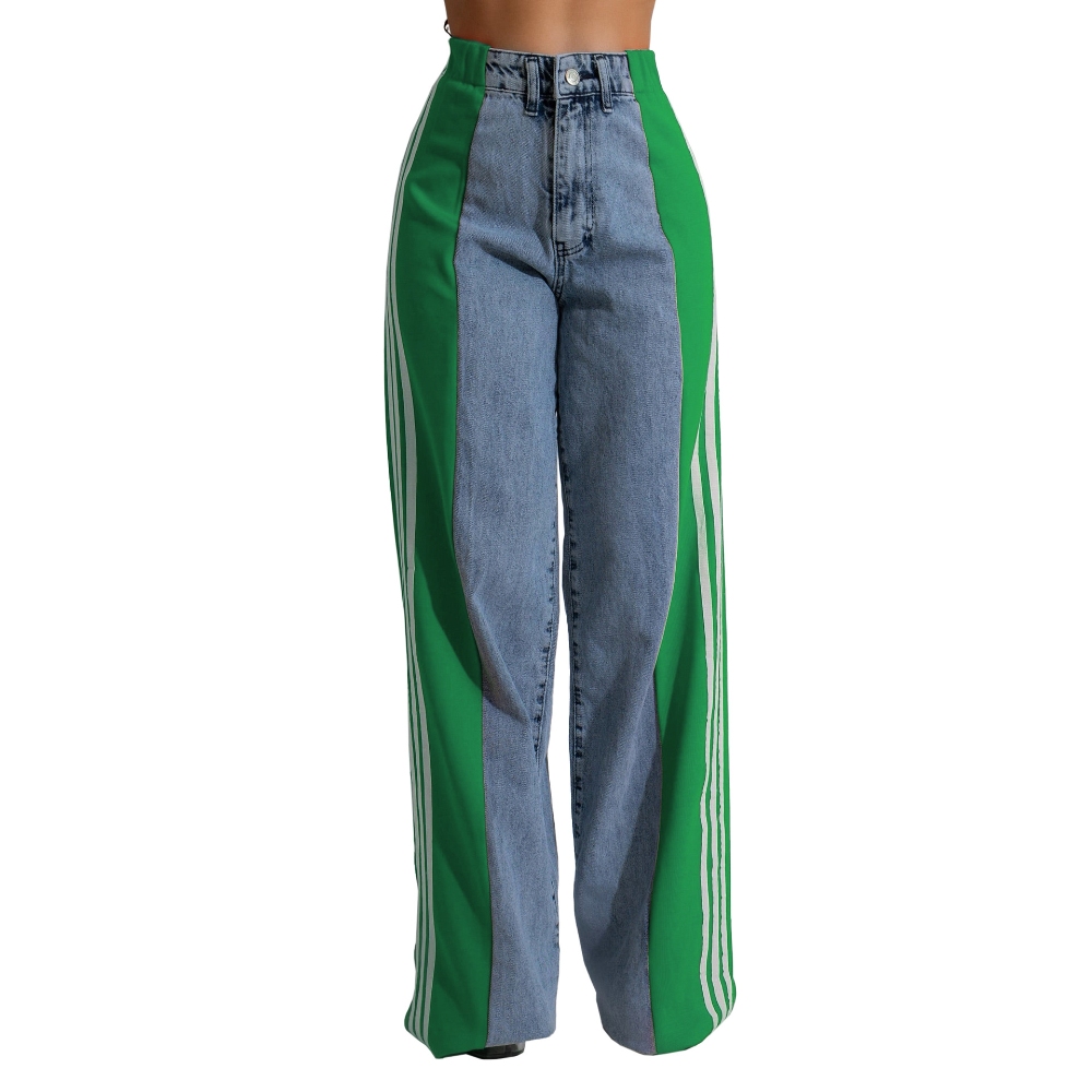 Women's Stretchy Jeans High Waisted Wide Leg Jeans with Patchwork Stripes Straight Leg Pants Y2K Trendy Casual Loose Fit Color Block Jean 