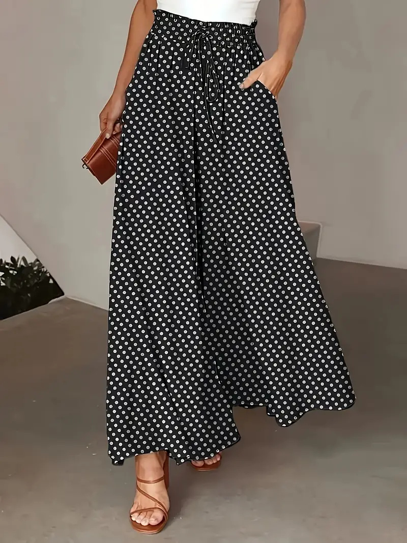 Women's Polka Dot Print Drawstring High Waist Wide Leg Pants Casual Loose Fit Spring Summer Long Trousers with Pockets