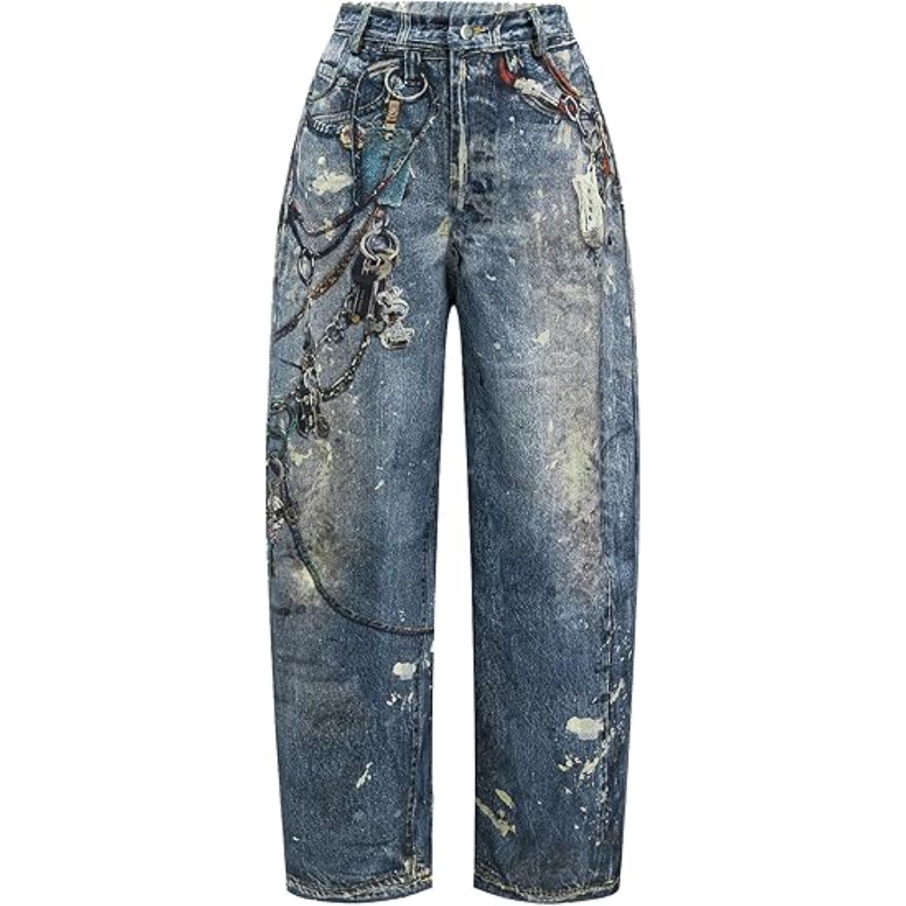 Women's Faux Denim Pants Leather Chain 3D Digital Print Wide Leg Curved Baggy Jean Trousers Color Block Elastic Waist Button Straight-Leg Fake Jean Y2K Retro Casual Dirty Wash Streetwear