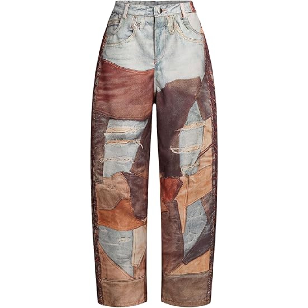 Women's Faux Denim Pants Leather Chain 3D Digital Print Wide Leg Curved Baggy Jean Trousers Color Block Elastic Waist Button Straight-Leg Fake Jean Y2K Retro Casual Dirty Wash Streetwear