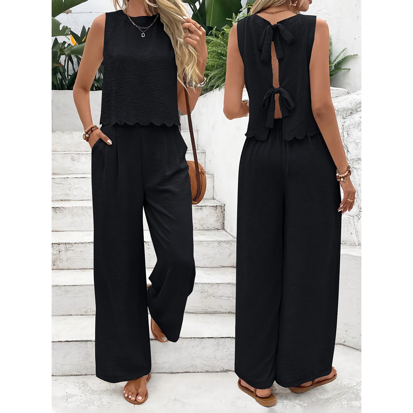 Women's Backless Tie-Back Tank & Wide Leg Pants Set - Asymmetric Wave Hem Polyester Outfit for Office-to-Casual