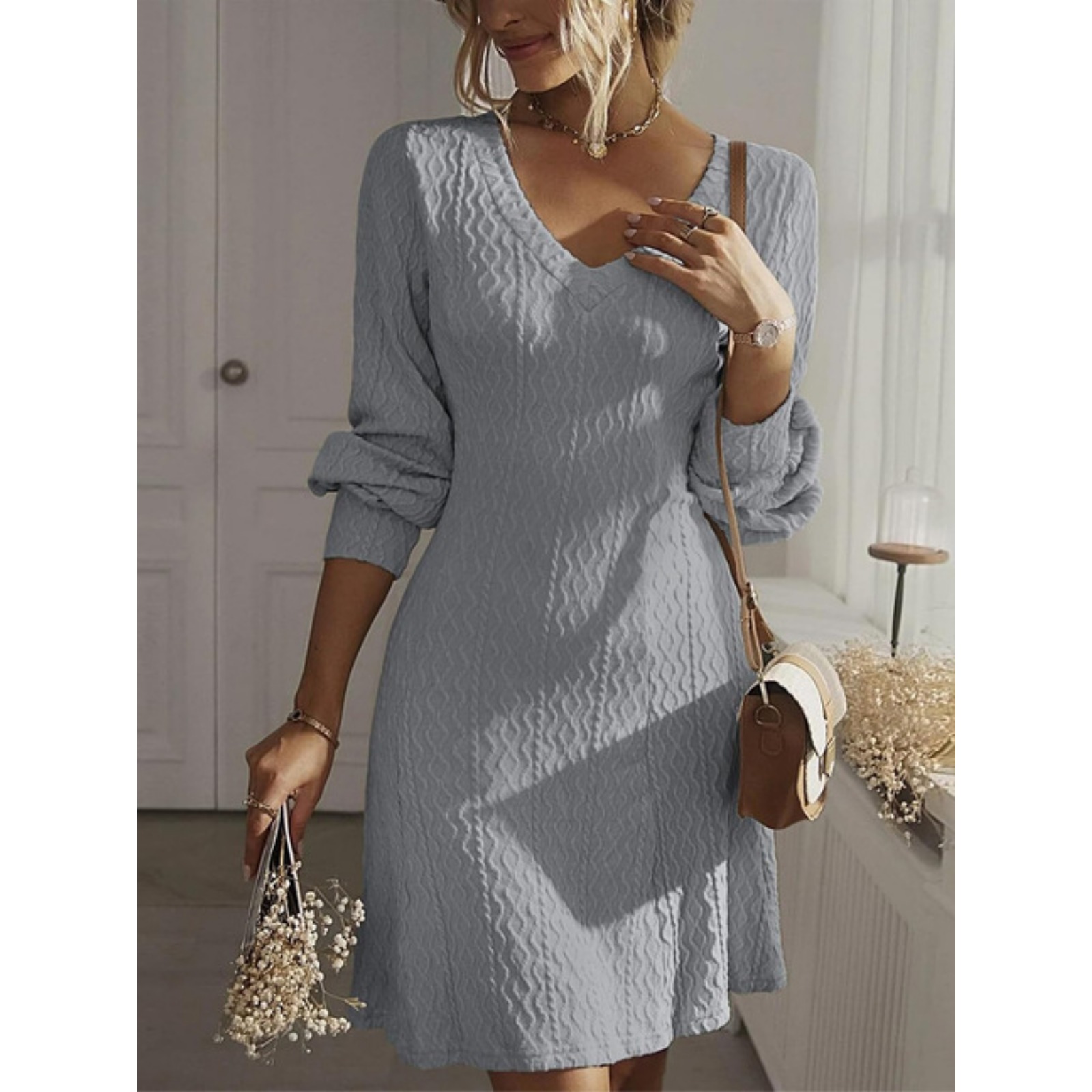 Women's V-Neck Knit Midi Dress - French-Inspired Textured A-Line Long Sleeve Dress for Office Elegance