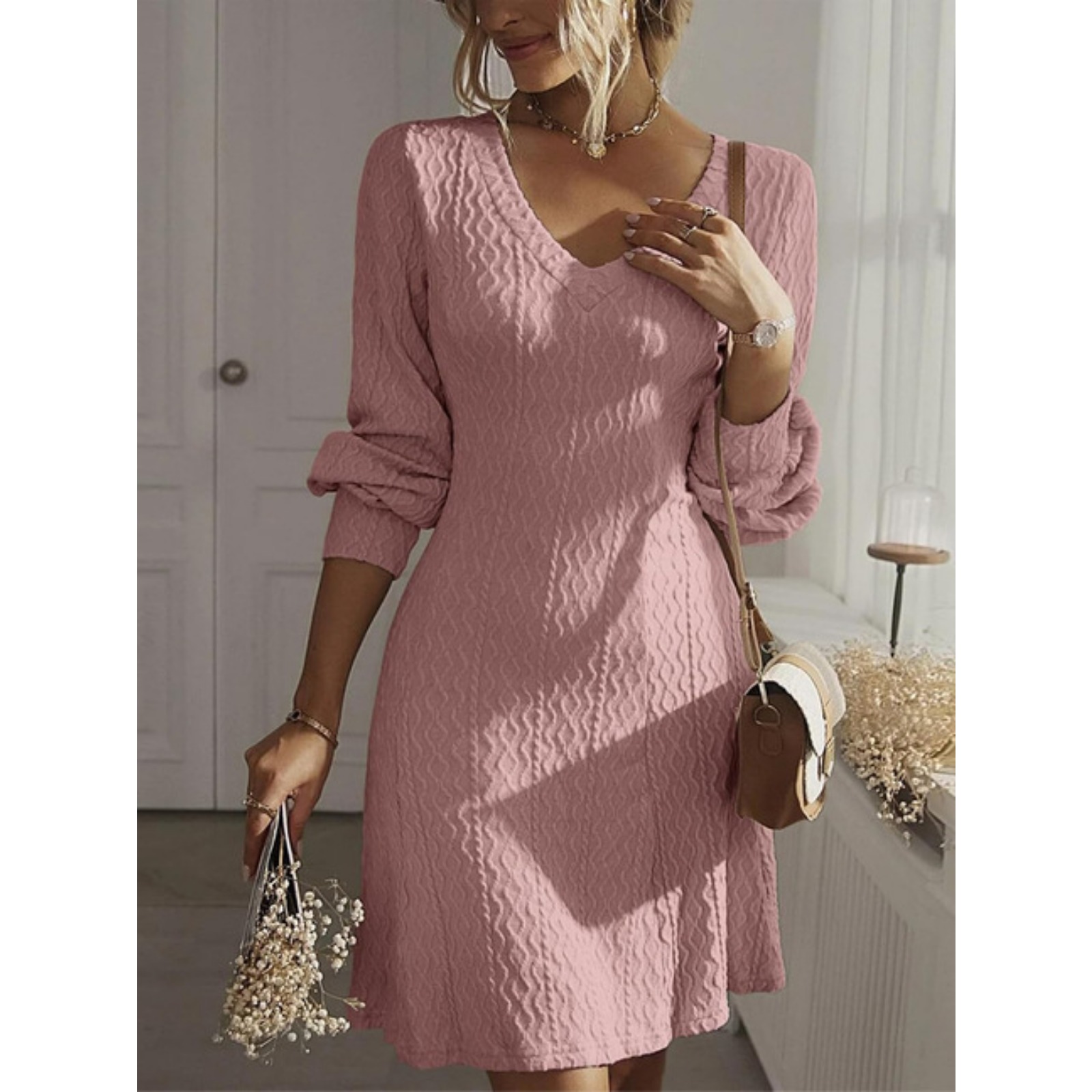 Women's V-Neck Knit Midi Dress - French-Inspired Textured A-Line Long Sleeve Dress for Office Elegance
