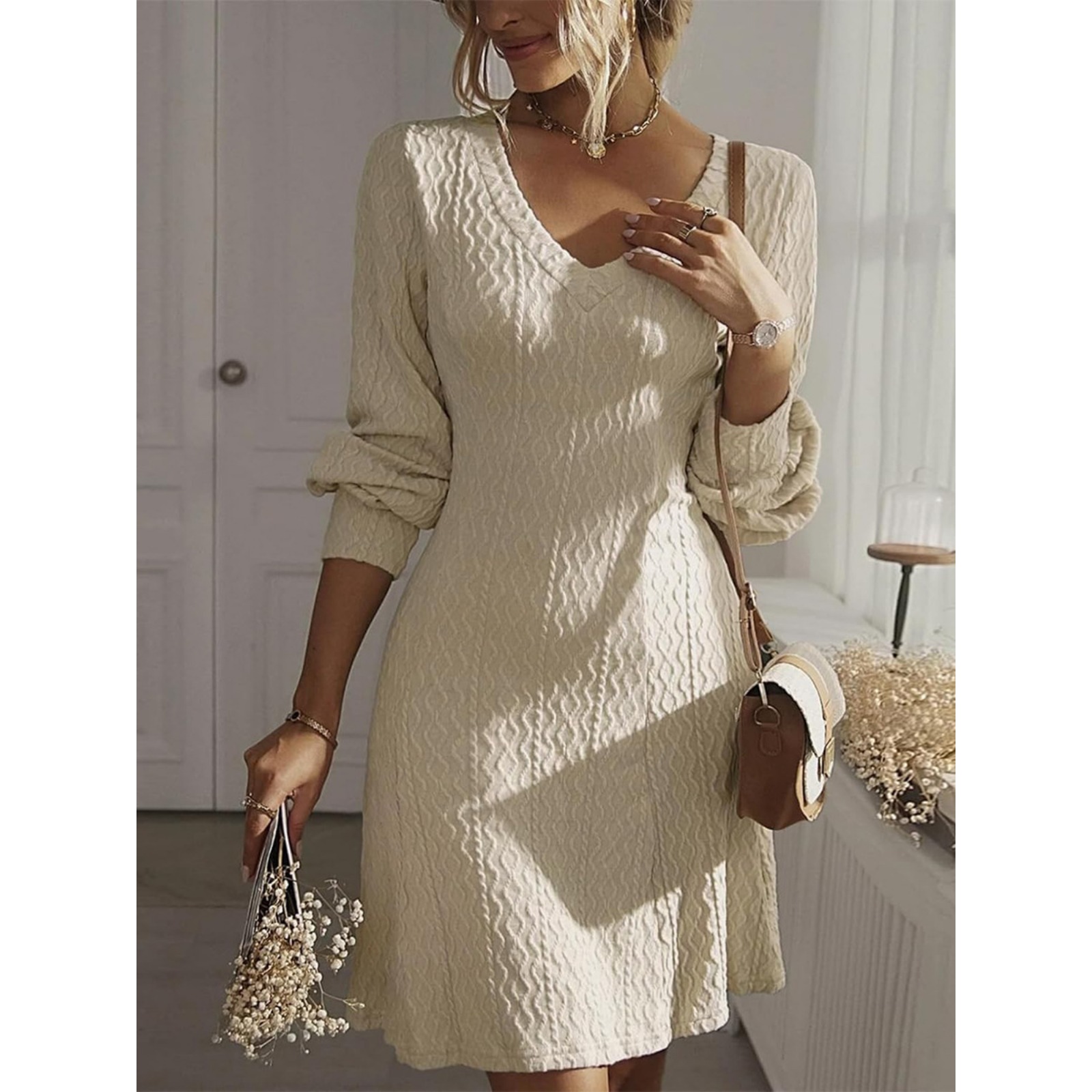 Women's V-Neck Knit Midi Dress - French-Inspired Textured A-Line Long Sleeve Dress for Office Elegance