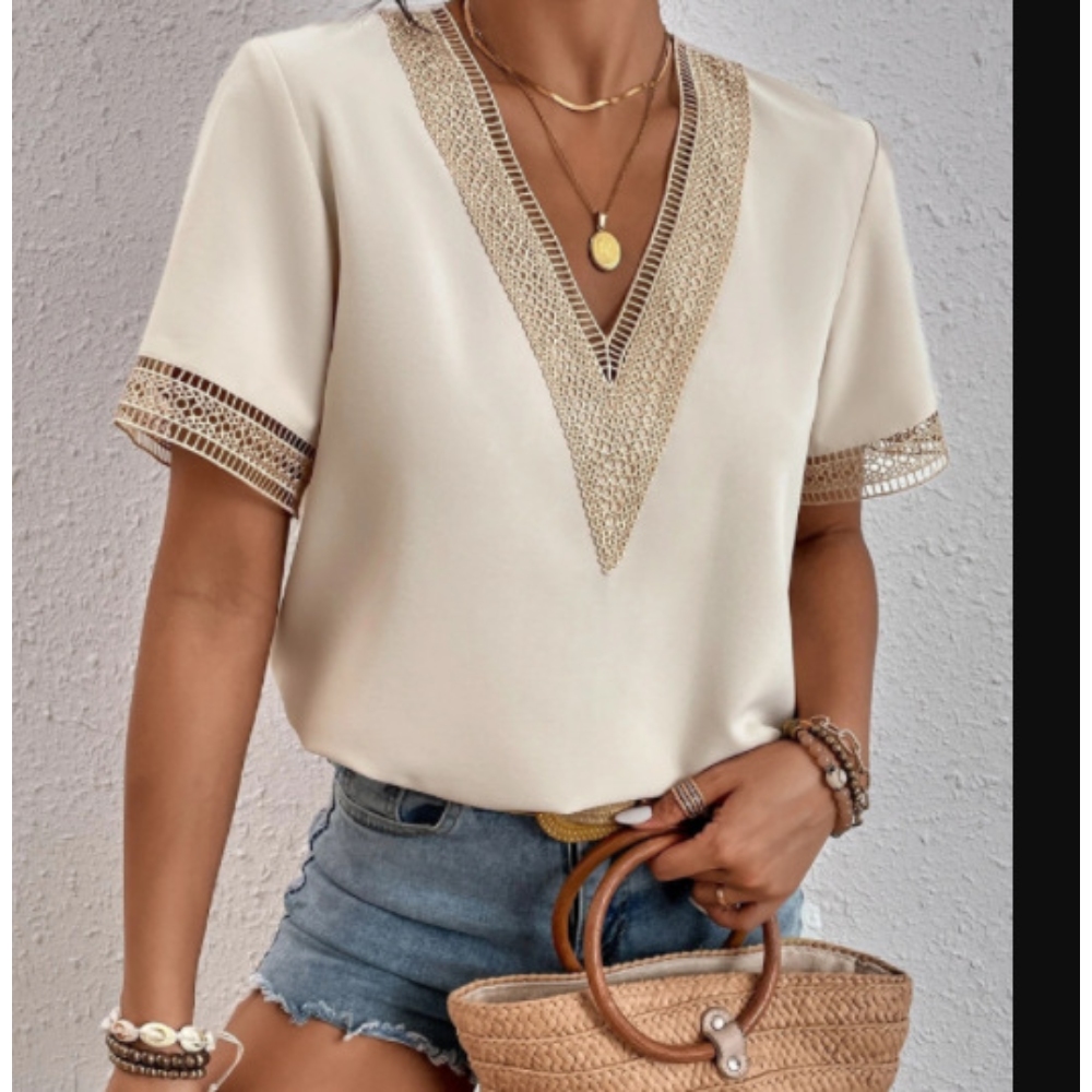 Women's Summer V Neck Lace Trim Blouse Solid Color Short Sleeve Loose Fit Shirt Breathable Office Wear Elegant Boho Versatile Casual to Work Top 