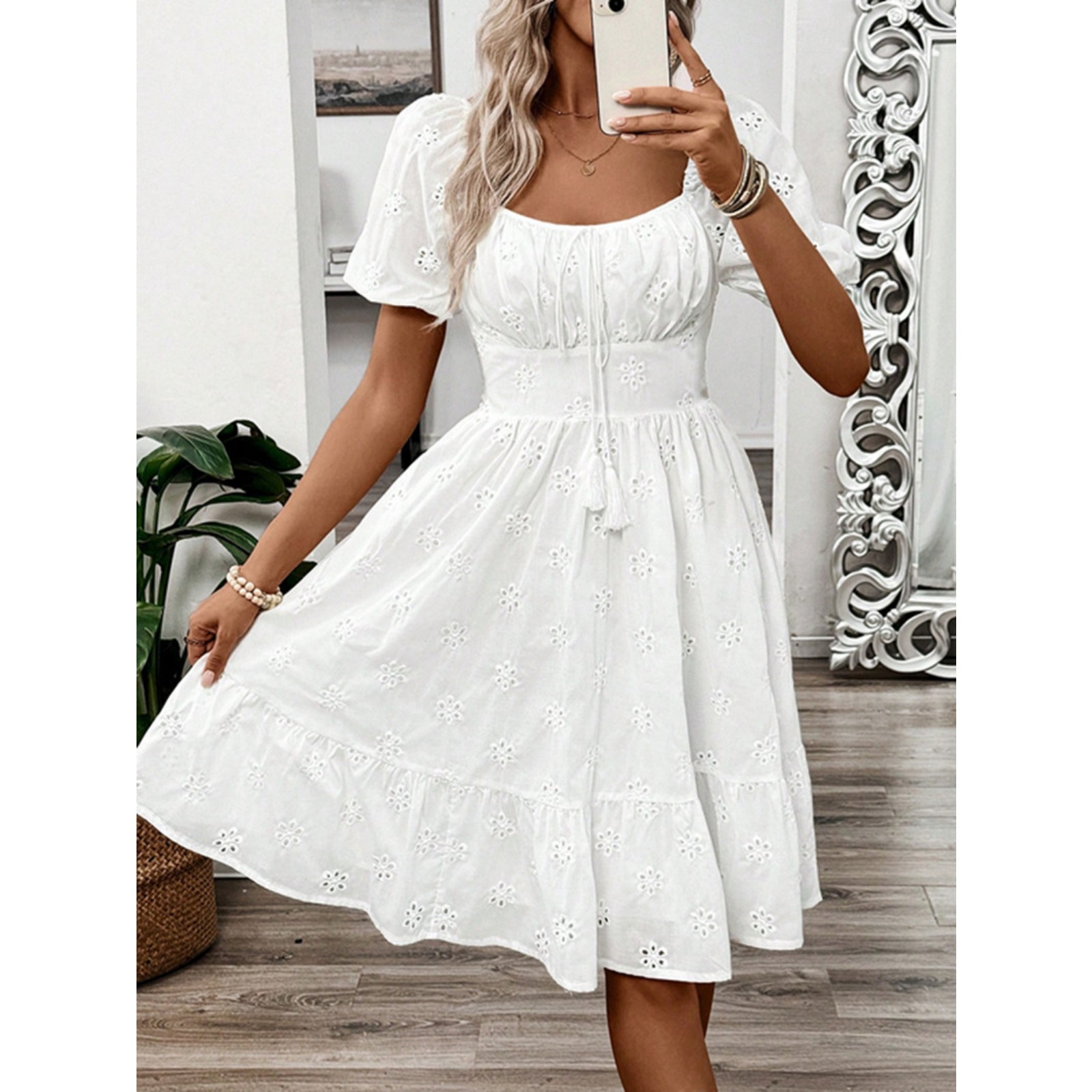 春夏气质休闲打榄纯色方领短袖连衣裙