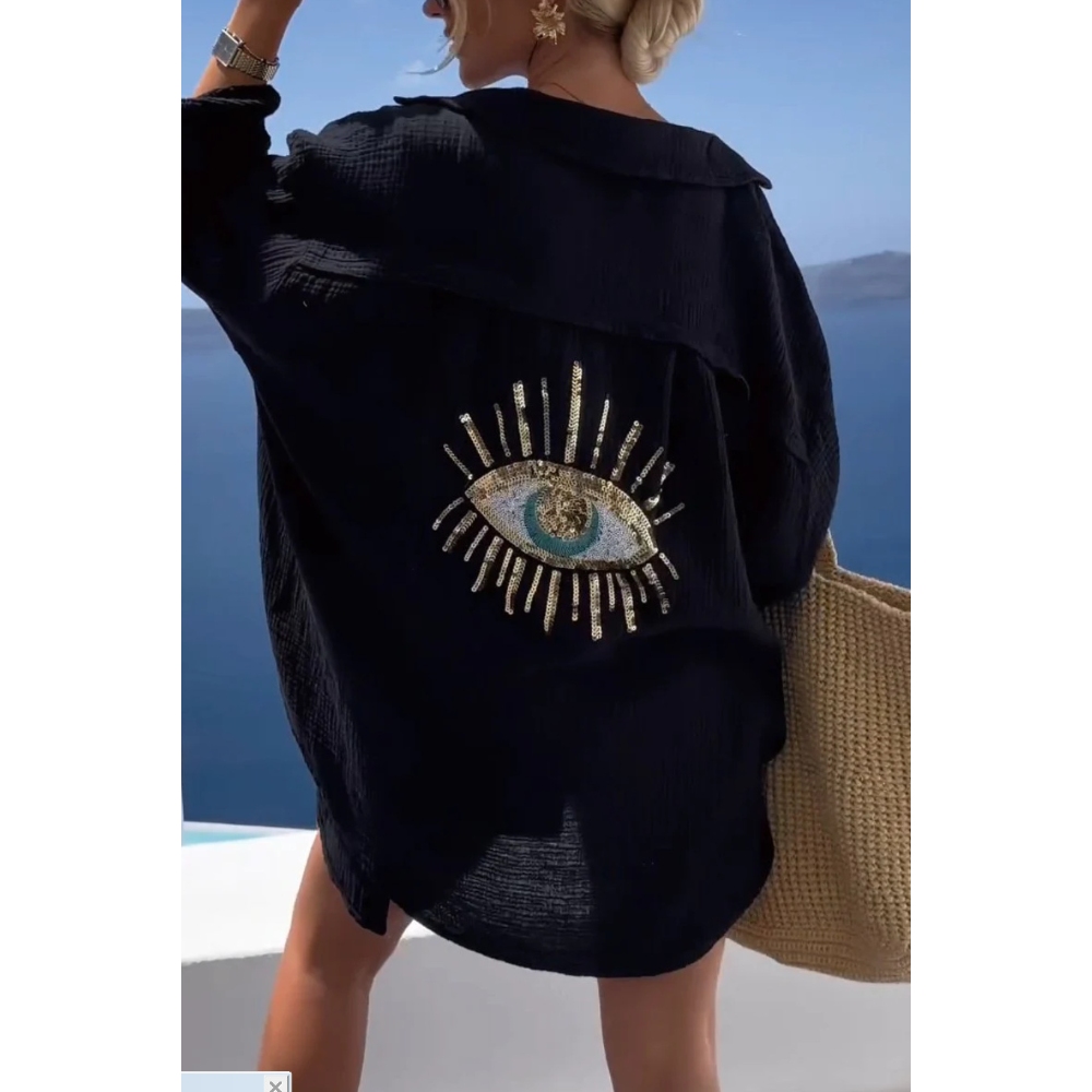 Women's Summer Casual Sequin Beaded Shirt Sequin Eye Button Down Long Sleeve Linen-Cotton Shirt Top Oversized Breathable Beach Cover Up Streetwear 
