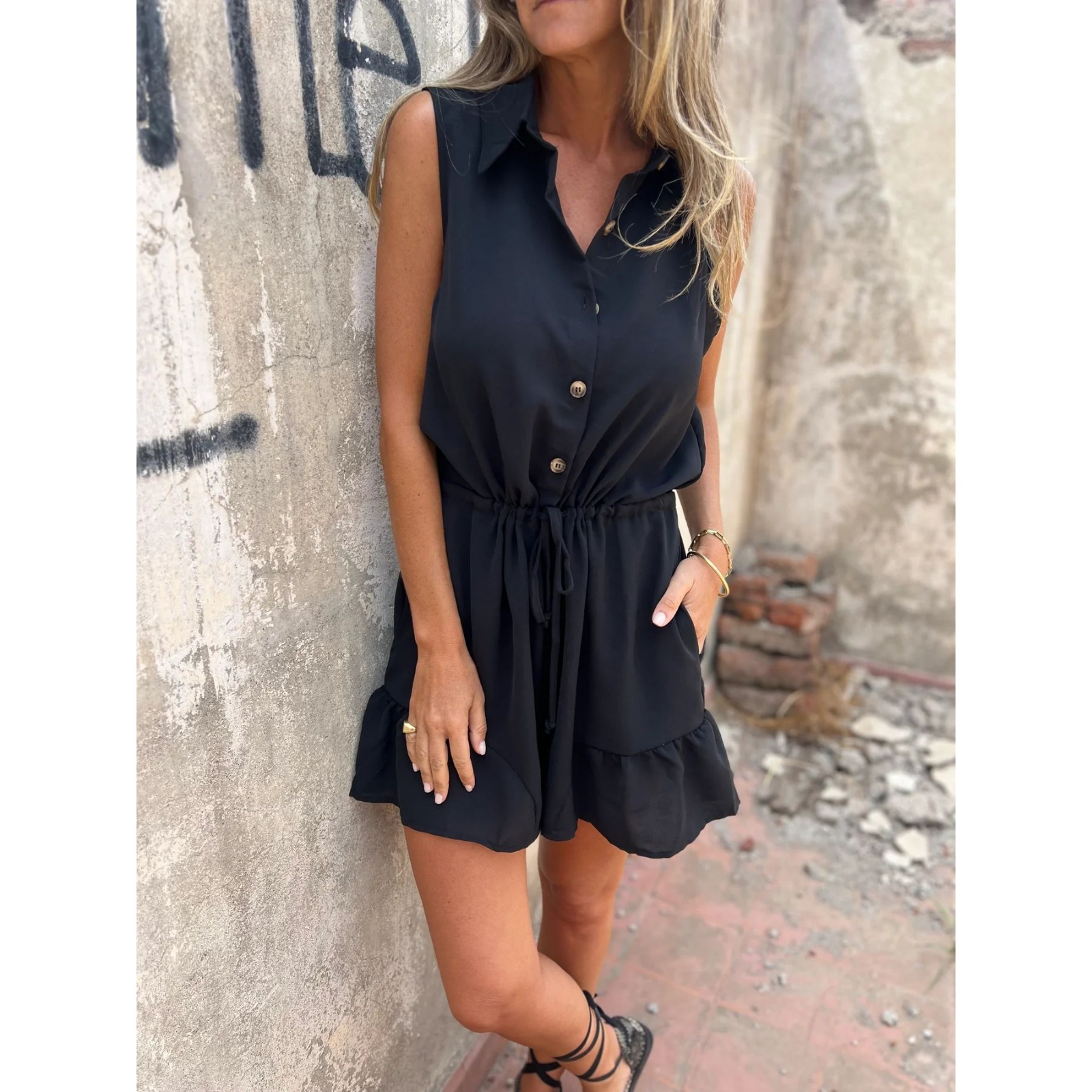 欧美跨境女装无袖单排扣抽绳系带连体裤