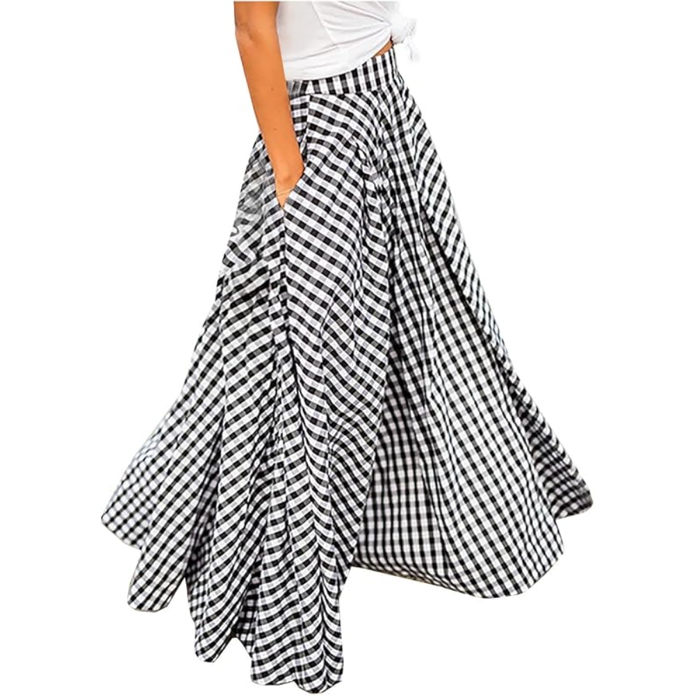 外贸2025春夏新款wish优雅百搭气质格子中长高腰大摆裙垂感半身裙