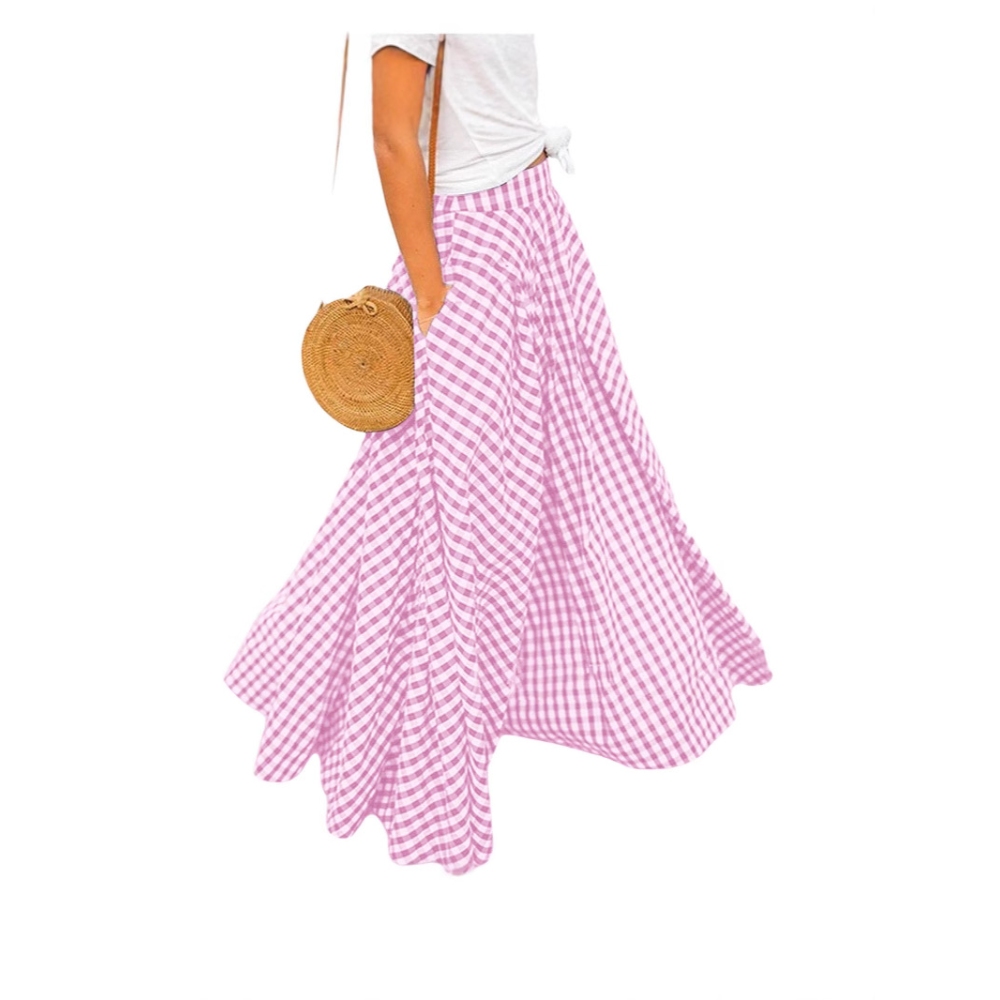 Women's Summer Plus Size Plaid Maxi Skirt Casual Elegant High Waist Flared Midi Skirt Flowy Gingham A Line Long Skirts with Pockets Daily Work Beach Holiday Layered Versatile Skirt