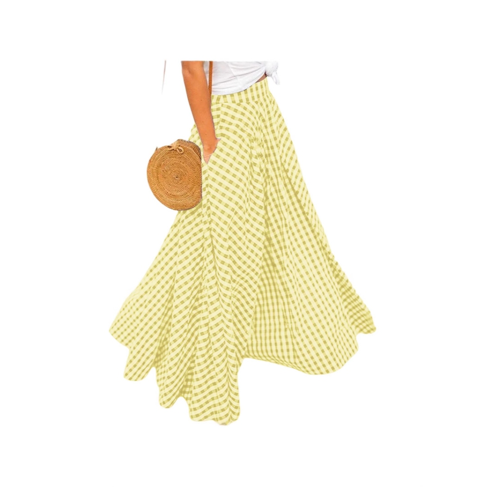 外贸2025春夏新款wish优雅百搭气质格子中长高腰大摆裙垂感半身裙