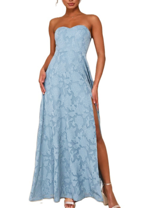 女士意大利面肩带无袖碎花及地长裙飘逸的A线婚礼宾客礼服