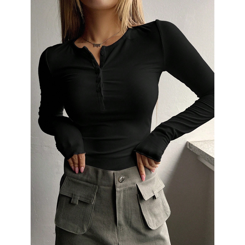 Women's Spring Fall Casual Long Sleeve Henley T Shirts Button Ribbed Knit Slim Fit Basic Tops Blouse Layering Versatile Soft Thermal Underwear