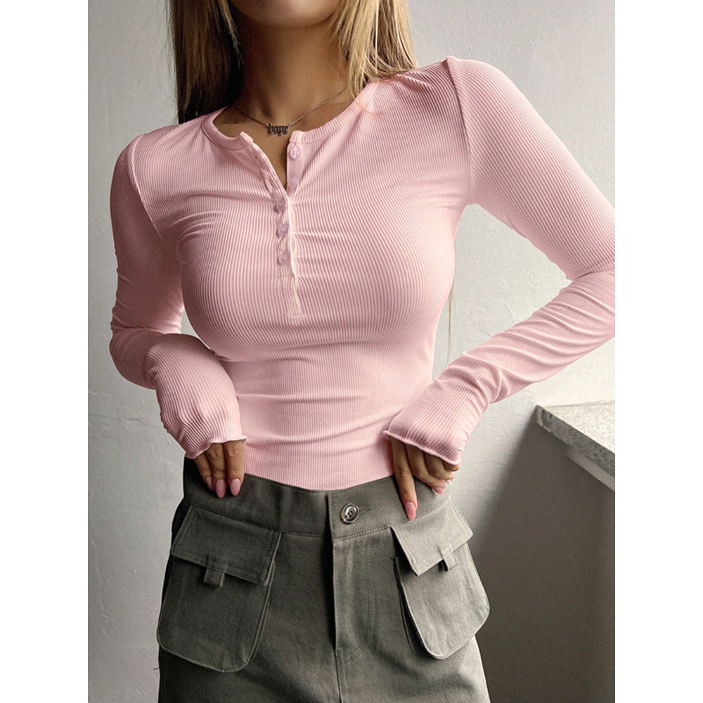 Women's Spring Fall Casual Long Sleeve Henley T Shirts Button Ribbed Knit Slim Fit Basic Tops Blouse Layering Versatile Soft Thermal Underwear
