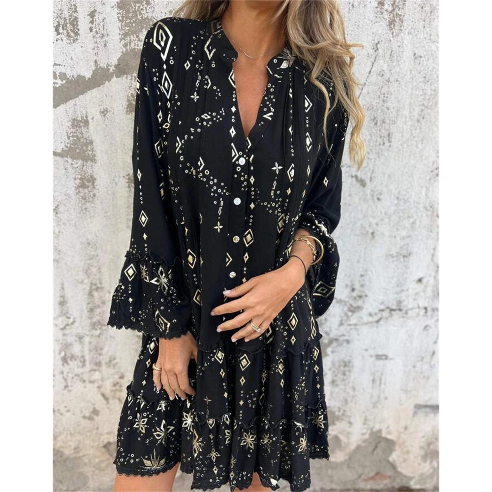 2025欧美跨境春秋季亚马逊纯色烫金时尚喇叭蕾丝袖镂空大码连衣裙