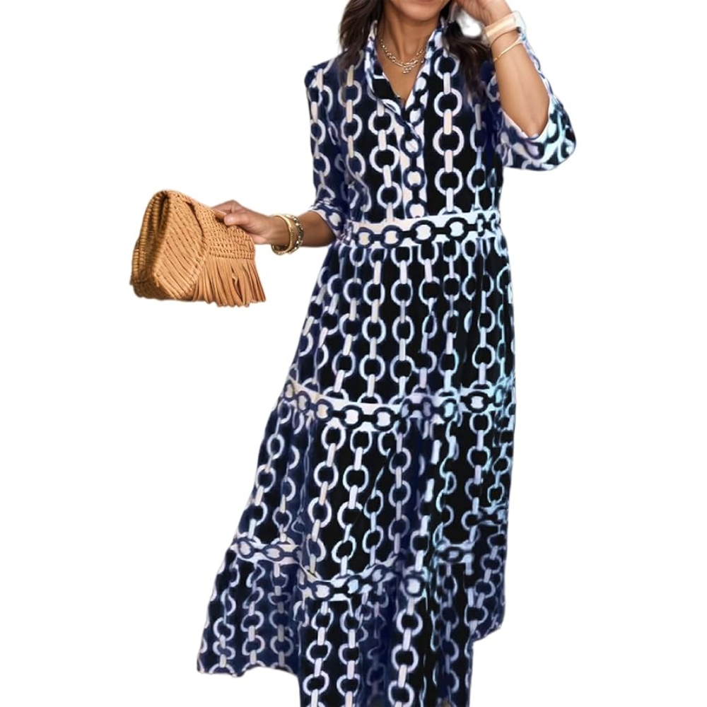 2025爆款现货跨境欧美亚马逊春夏几何印花圆领长裙连衣裙