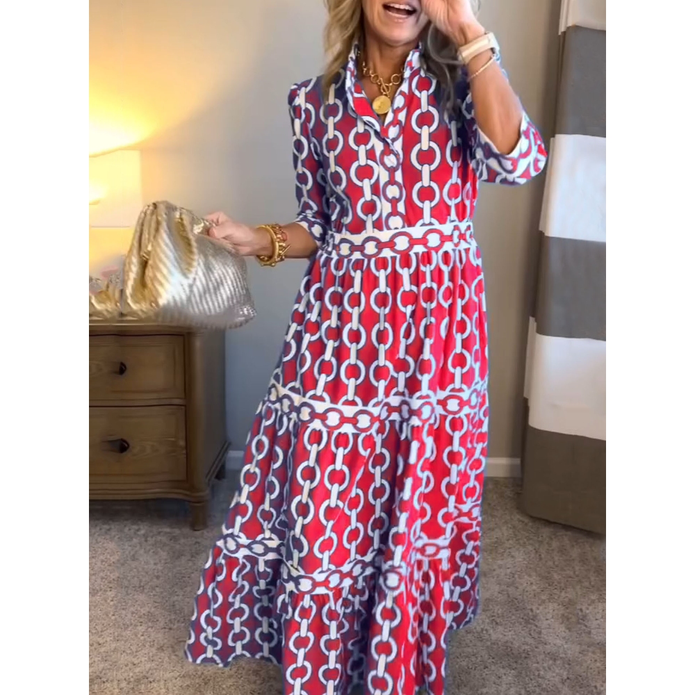 2025爆款现货跨境欧美亚马逊春夏几何印花圆领长裙连衣裙