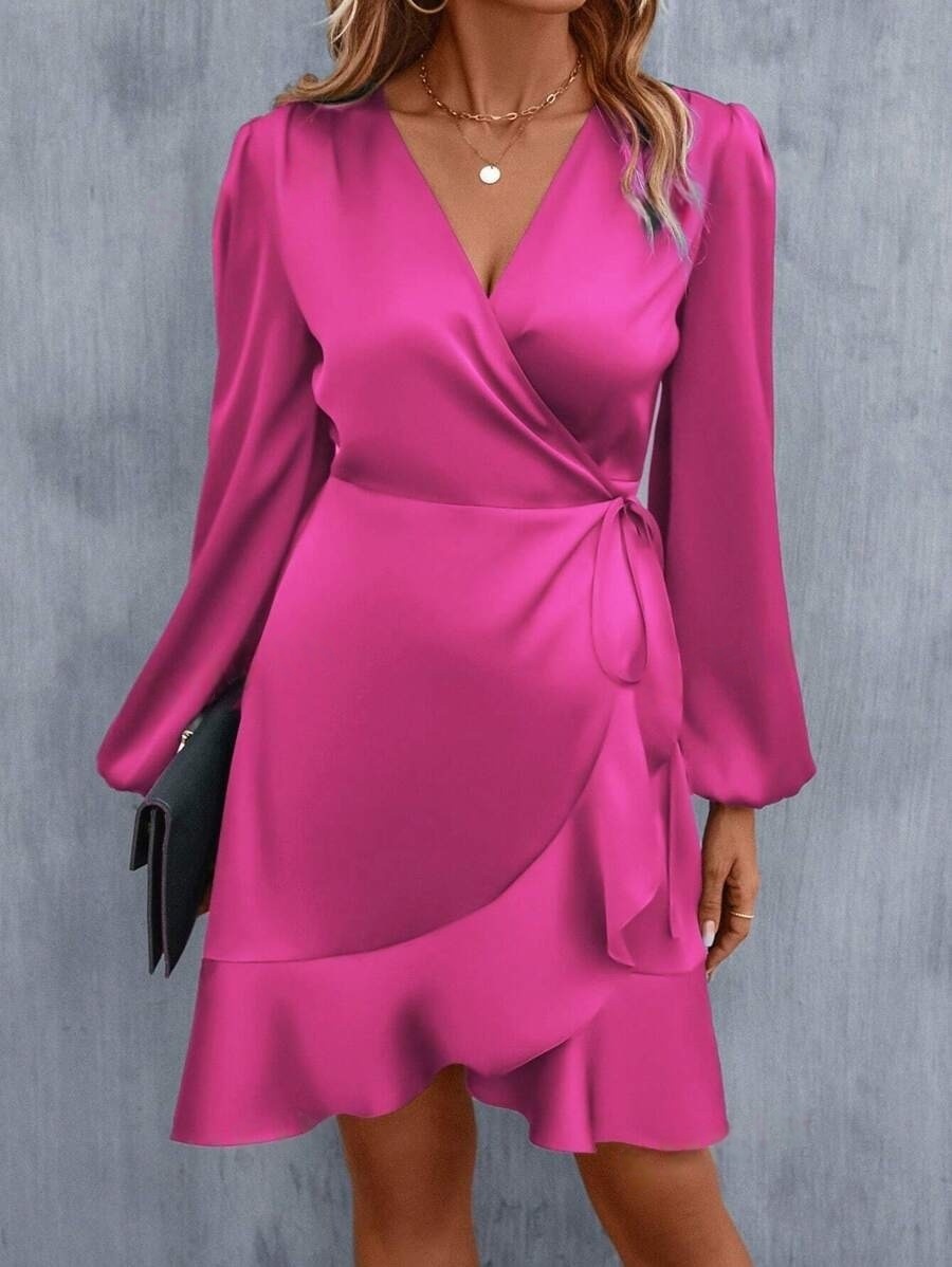 女人的夏天性感优雅时髦长袖v领纯色舞会派对鸡尾酒迷你裙