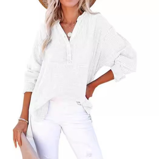 Women's Spring V Neck Button Long Sleeve Shirts Oversized Minimalist Lightweight Solid Blouses Pleated Detail Work to Casual Versatile Tops