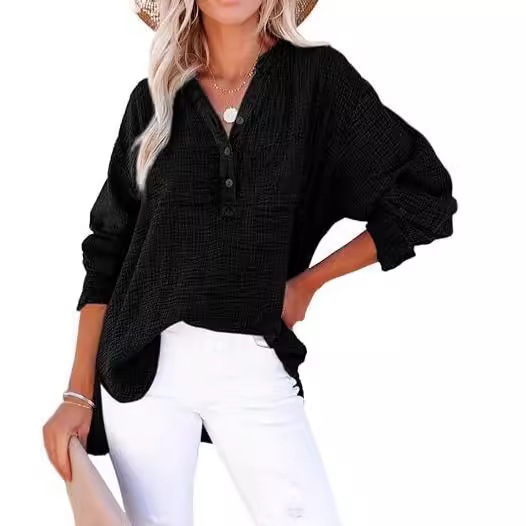 Women's Spring V Neck Button Long Sleeve Shirts Oversized Minimalist Lightweight Solid Blouses Pleated Detail Work to Casual Versatile Tops