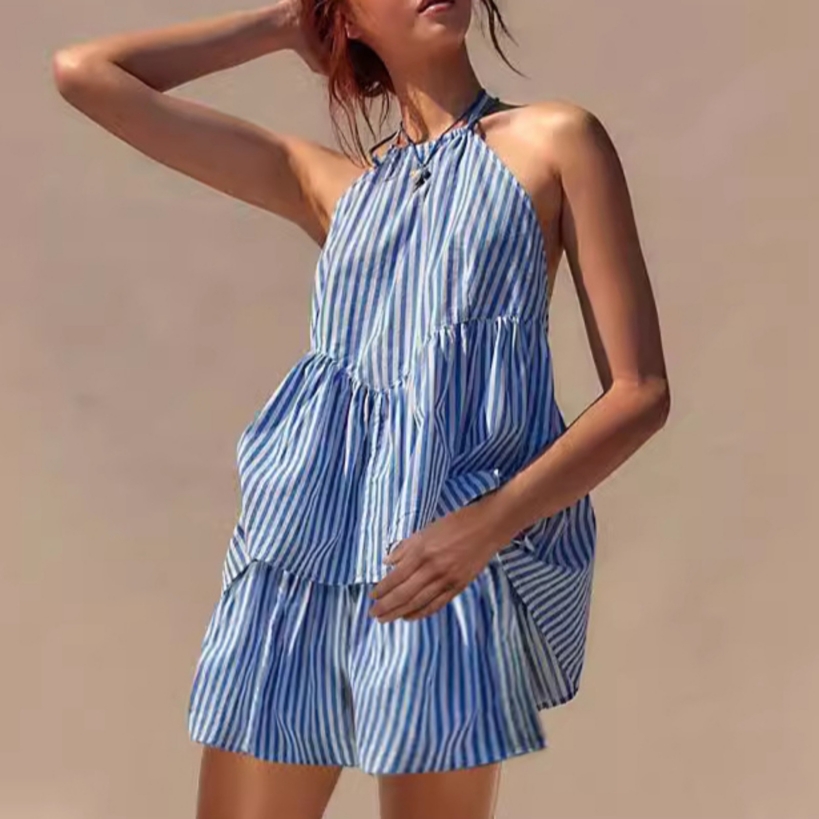 新款时尚女装条纹挂脖上衣宽松短裤套装欧美风