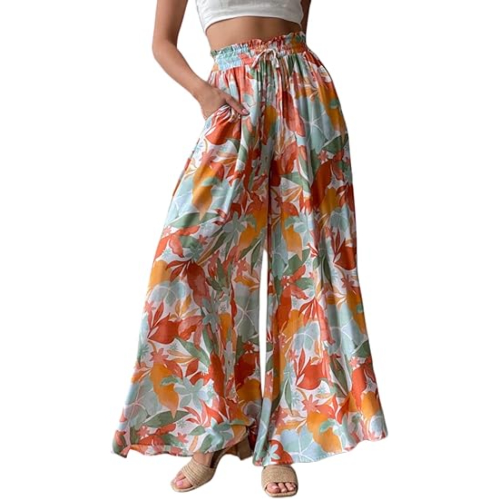 Women's Summer Floral Printed Elastic High Waisted Wide Leg Pants Casual Loose Fit Baggy Jogger Palazzo Lounge Trousers Flowy Boho Tropical Beach Vacation Pants 