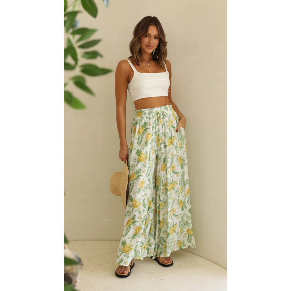 Women's Summer Floral Printed Elastic High Waisted Wide Leg Pants Casual Loose Fit Baggy Jogger Palazzo Lounge Trousers Flowy Boho Tropical Beach Vacation Pants 