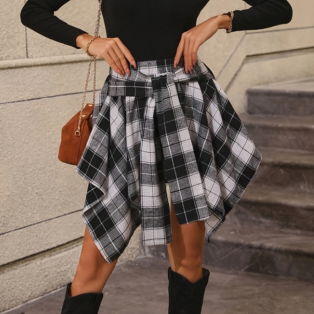 Women's Asymmetric Plaid Tie-Sleeve Skirt Faux Shirt Midi Dress Fashionable Asymmetric Skirt Plaid Tie-Sleeve Pseudo Shirt Ensemble