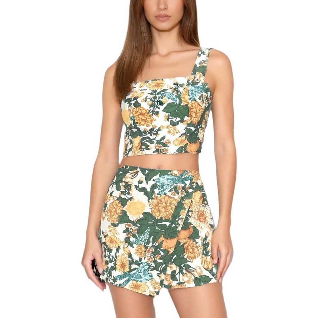 女装时尚印花吊带背心不规则半身短裙套装